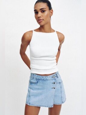 Zara | 100% Cotton Light Blue Denim Button Skort Short Skirt | Sz L